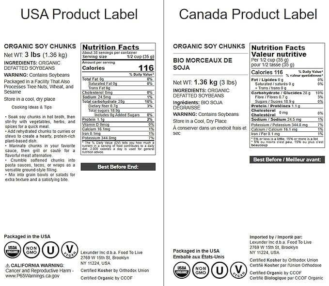 Food to Live Organic Soy Chunks 3 Pounds, – Unsalted Nuggets, High Protein. Plant-Based. Meat Alternate Substitute. Non-GMO. Vegan, Kosher, Bulk