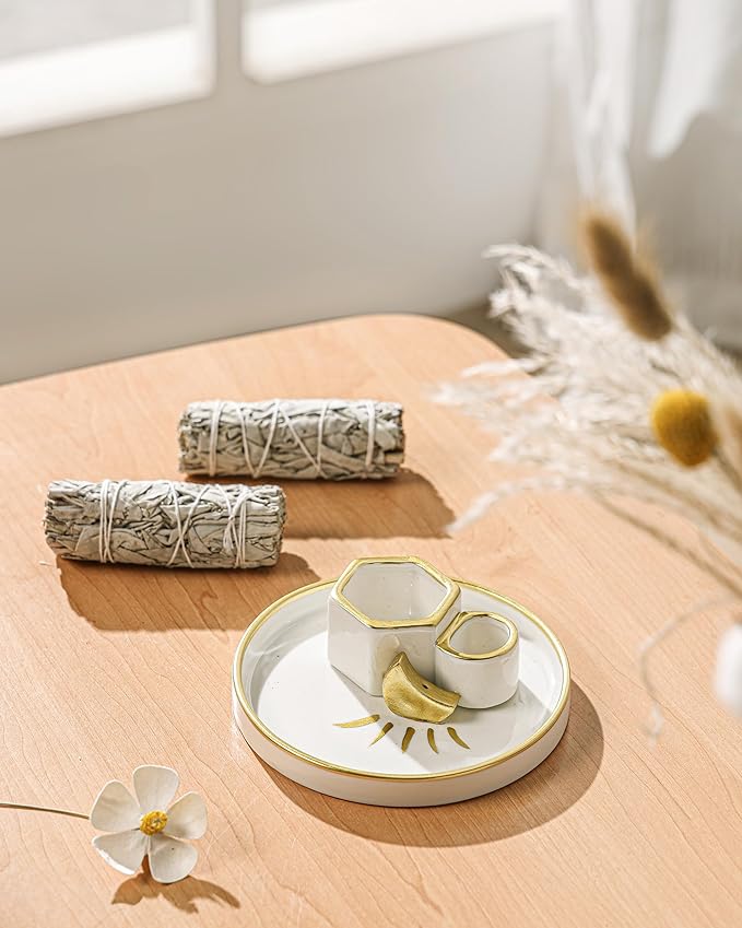 Ceramic Incense Holder Burner, Sage Holder for Burning, Palo Santo Sticks Holder, 5.51" Ash Catch Tray, Smudge Dish for Meditation Yoga, Modern Home Decor Gift