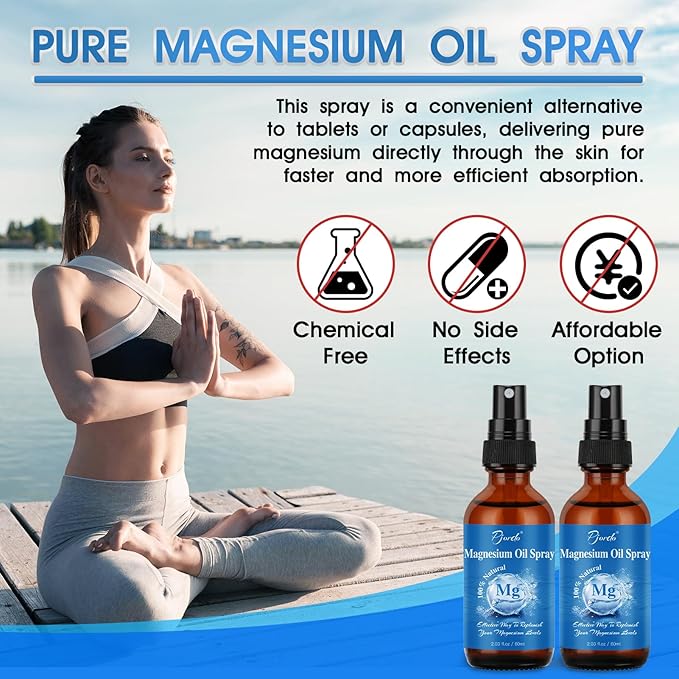 2 Pack Pure Magnesium Oil Spray, 100% Natural Ingredients for Caring Body, Topical Magnesium Spray for Feet & Sleep, Portable Bottle Design, Easy to Absorb and Use