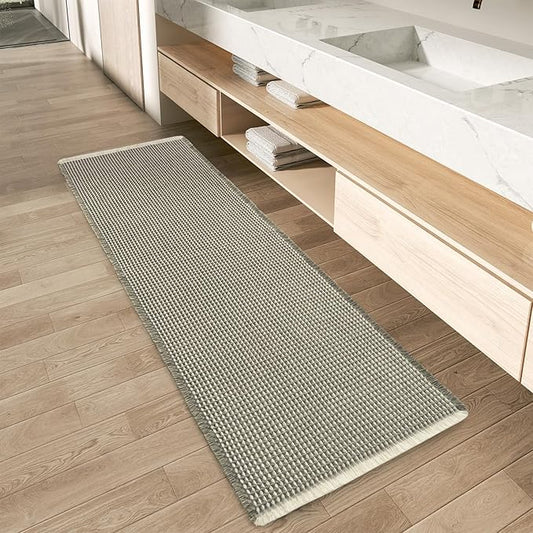 AMOAMI Upgraded Waffle Runner Rug Super Absorbent Non Slip Bath Mats for Bathroom Machine Washable Bathroom Runner Rug with Tassels, Ideal for Hallway Bedroom Laundry Room, 2' x 4', Green & Cream