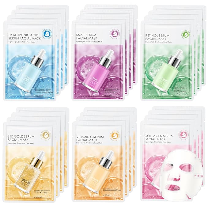 24 Pack Serum Sheet Masks,Facial Masks Skincare for Women,Hydrating & Moisturizing Face Masks for All Skin Types,Smooth,Nourishing,Lightweight