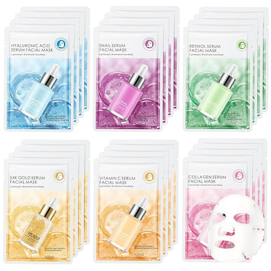 24 Pack Serum Sheet Masks,Facial Masks Skincare for Women,Hydrating & Moisturizing Face Masks for All Skin Types,Smooth,Nourishing,Lightweight