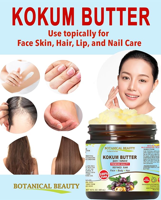 Botanical Beauty KOKUM BUTTER 100% Pure Natural REFINED Cold-Pressed for Face, Skin, Body, Hair, Lip, Nails. Rich in Vitamin E. Beauty Moisturizing Nourishing Butter Rich in Vitamin E (4 Fl Oz)