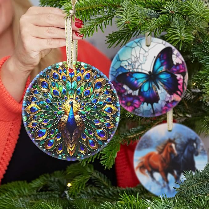 Ceramic Peacock Hanging Ornament - Christmas Tree Decor - Gifts for Peacock Lovers
