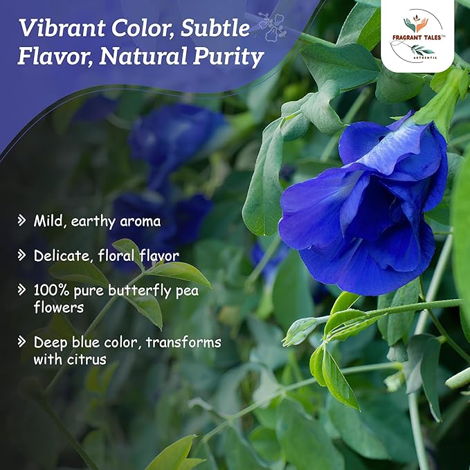 FRAGRANT TALES - Blue Butterfly Pea Flower Tea, Natural Herbal Tea, Caffeine Free, Preservative Free, 3.52 Oz, 50 Pyramid Bags