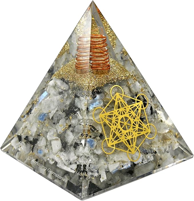 Amazing Gemstone Organite Orgone Pyramid Extra Large 105 MM - Metatron Cube Orgone Energy Pyramid with Rainbow Moonstone Crystals and Healing Stone - Orgonite Pyramids Crystals and Positive Energy