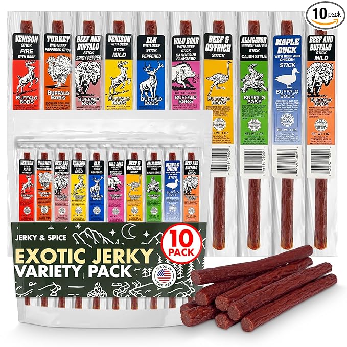 Jerky-n-Spice Wild Game Exotic Meat Sticks (10-Pack) | Ultimate Beef Jerky | Savory Snacks Variety Pack for Adults | Perfect Gifts for Anniversary, Camping, Hunting & Birthday Events