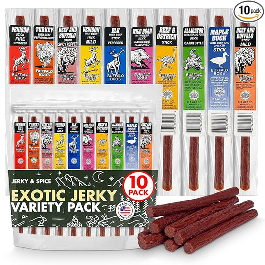 Jerky-n-Spice Wild Game Exotic Meat Sticks (10-Pack) | Ultimate Beef Jerky | Savory Snacks Variety Pack for Adults | Perfect Gifts for Anniversary, Camping, Hunting & Birthday Events