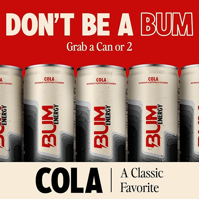 BUM Sugar-Free Energy Drink, Cola - Lightly Carbonated & No Artificial Colors, Natural Caffeine & Citicoline for Energy & Focus, Brain Boost & Workout Sports Beverage - 12 oz, Pack of 12