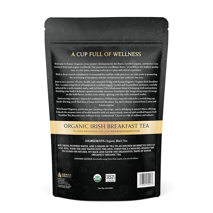 Komar Organics Irish Breakfast Tea – 16Oz USDA Organic Black Loose Leaf Tea – Certified Kosher Ceylon and Assam Black Tea Loose Leaf Rich in Antioxidants – Energy Boosting Organic Black Tea for Morning, Afternoon