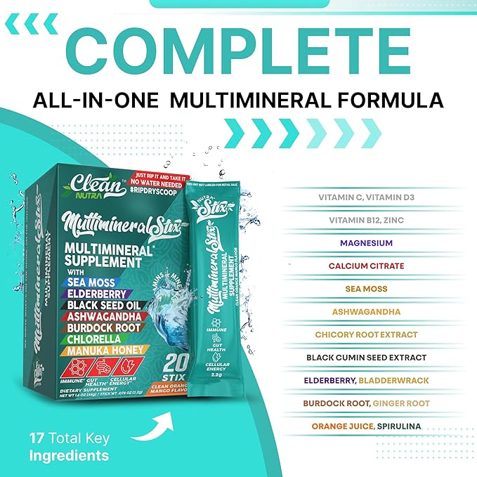 Sea Moss Powder Elderberry Ashwagandha Chlorella Manuka Honey VitaminD3 Vitamin C Zinc Spirulina Iodine Greens Detox Immune Support Sugar Free Hydration Powder Drink Mix – 20 Sticks