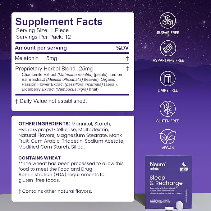 Neuro Melatonin 5mg Sleep & Recharge Mints (72 Pieces) - Fast Dissolve Melatonin Sugar Free Mints with Lemon Balm & Chamomile for Better Sleep - Calm Sleep Supplement for Adults - Night Berry Flavor