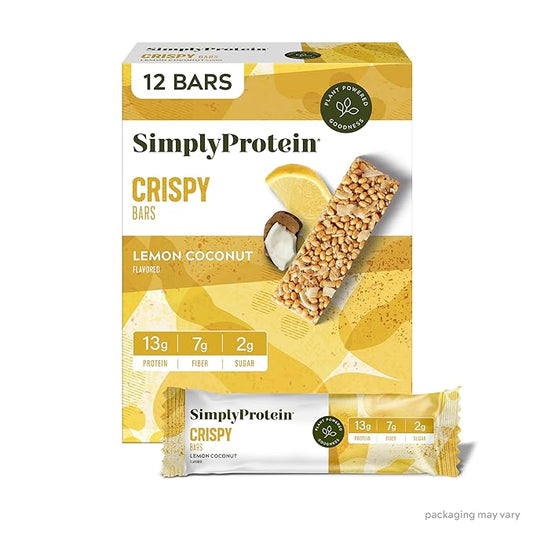 Simply Protein - Lemon Coconut Crispy Bars - Plant Based Protein Bars - Low Carb, Low Sugar, High Fiber - 13g Protein, 2g Sugar, 7g Fiber - Vegan, Gluten Free, Non GMO, Kosher - 12 Bars