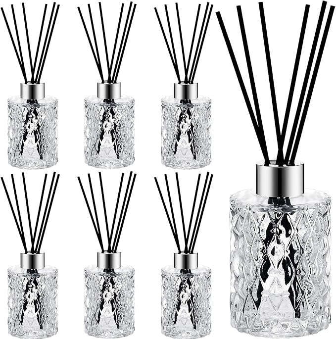 Norme 6 Set Empty Reed Diffuser Bottle Set with Stick, 150ml Refillable Patterned Glass Vase with Black Rattan Reed & Cap for DIY Essential Oil, Home Fragrance, Bulk (Silver)