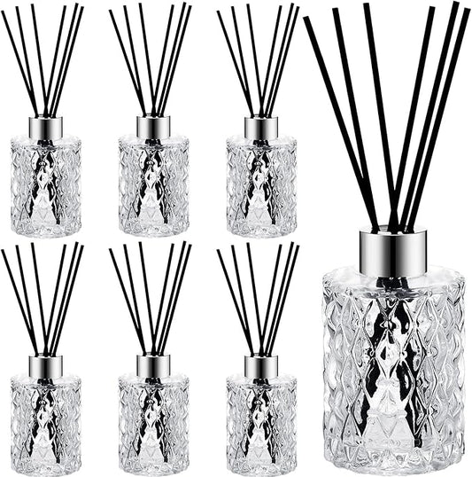 Norme 6 Set Empty Reed Diffuser Bottle Set with Stick, 150ml Refillable Patterned Glass Vase with Black Rattan Reed & Cap for DIY Essential Oil, Home Fragrance, Bulk (Silver)