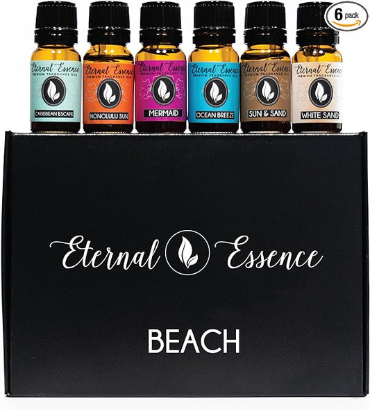 Eternal Essence Oils Beach Set of 6 Premium Fragrance Oils - Includes White Sand, Ocean Breeze, Honolulu Sun, Mermaid, Caribbean Escape, and Sun & Sand Scented Oils - 10ML