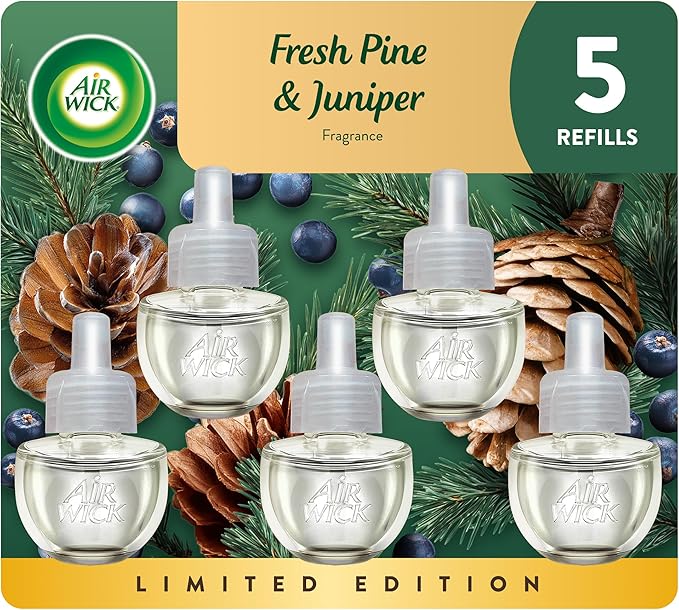 Air Wick Plug in Scented Oil Refill, 5 ct, Fresh Pine and Juniper, Air Freshener, Essential Oils, Fall Scent, Fall decor