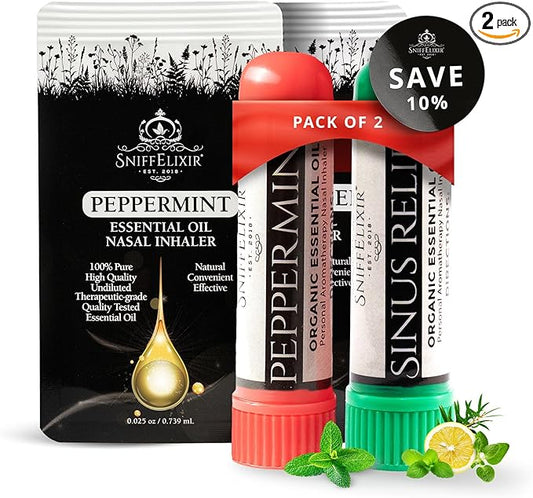 2 Pack Peppermint Inhaler Plus Sinus Nasal Inhaler – Aromatherapy Sticks for Sinus Pressure, Nausea Inhaler, Migraine Stick & Motion Sickness – Portable Essential Oil Inhalers for Adults
