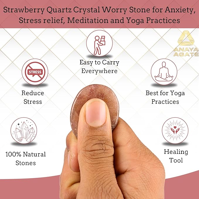 Strawberry Quartz Worry Stones – Crystal Thumb Worry Stone for Anguish, Stress – Relaxing and Soothing Balance Stones for Meditation, Stress Relief – Healing Stones and Crystals for Men and Women