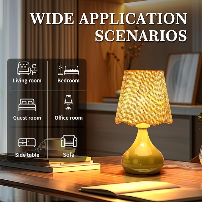 Green Cute Small Boho Table Lamp for Bedroom Bedside, Green Bedroom Lamps for Nightstand, Small Scalloped Rattan Shade Table Lamps for Small Spaces for Bedroom, Home Office, Living Room, Kids Dorm