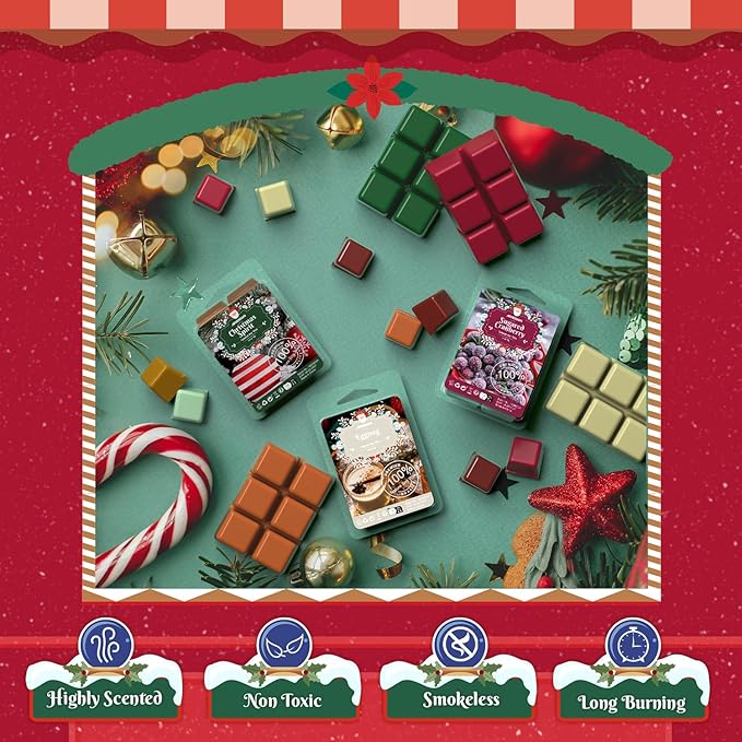ARVIDSSON Christmas Scented Wax Melts, Holiday Soy Wax Cubes for Wax Warmer, Strong Scent Fragrance Wax Tarts, Candle Melts Gift Set, Christmas Spirit, Gingerbread, Apple Cinnamon, Candy Cane and More