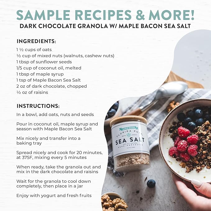 FLORIDA PURE Maple Bacon Sea Salt - Smoky, 80+ Mineral Salt, Natural, Unrefined, Non Iodized - for Baking, Cooking, Seasoning & Enhancing Taste - Flaky Sea Salt (4.5 oz Jar)