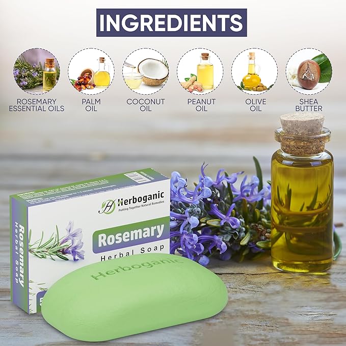 HERBOGANIC Rosemary Herbal Soap | Pack of 6 of 5oz soap Bar | Ideal for Men and Women, Soothing and Nourishing Soap for Moisturization