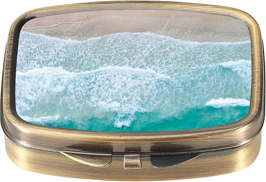 Dynippy Pill Case Pill Box with Mirror Retro Pocket 2 Compartment Medicine Case Vitamin Pill Organizer for Pocket Purse and Travel (A-Sandy Beach)