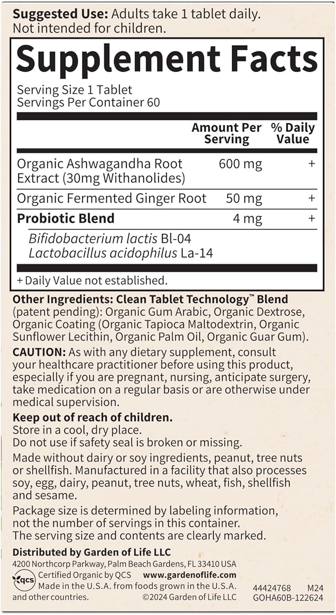 Garden of Life Organic Ashwagandha Supplement with Probiotics & Ginger - Stress, Mood & Energy Support, Vegan, Gluten Free, Non GMO, 2 Month Supply, 60 Tablets