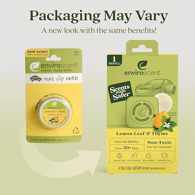 Enviroscent Non-Toxic Car Air Freshener (Lemon Leaf & Thyme) Infused with Essential Oils | Auto Scent Lasting Over 30 Days | 3 Car Vent Clip Scent Pod Refills