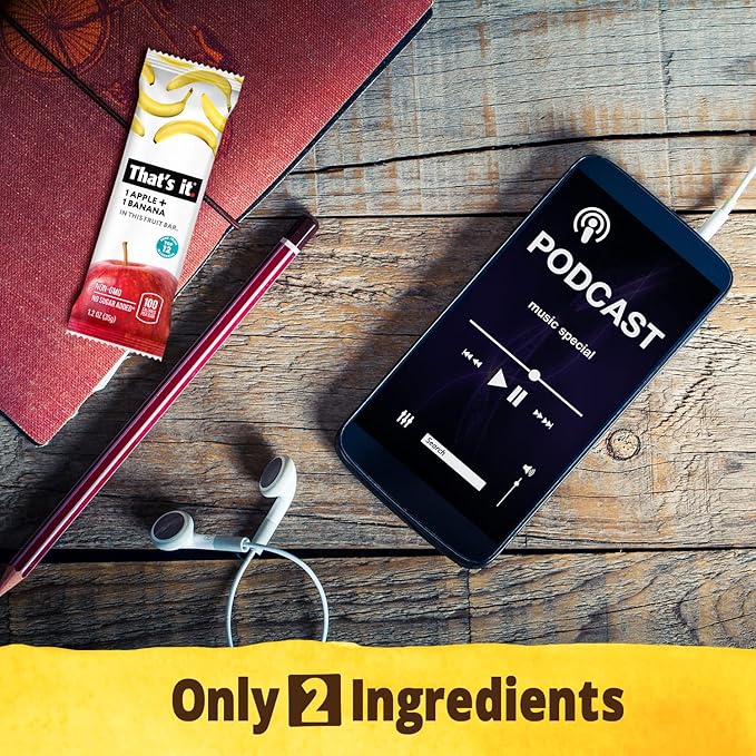 That's it Apple + Banana 100% Natural Real Fruit Bar, Best High Fiber Vegan, Gluten Free Healthy Snack, Paleo for Children & Adults, Non GMO Sugar-Free, No Preservatives Energy Food (12 Pack)