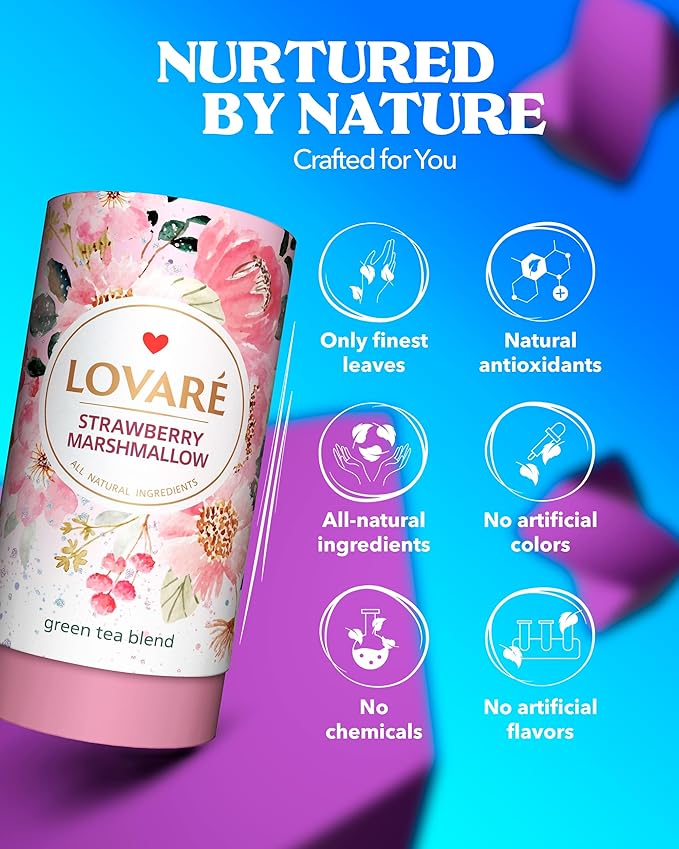 LOVARE Strawberry Marshmallow Loose Leaf Tea 80 g - Made in Ukraine - Green Tea, Strawberry, Cornflower Petals - Gift Box with 15 Paper Filters