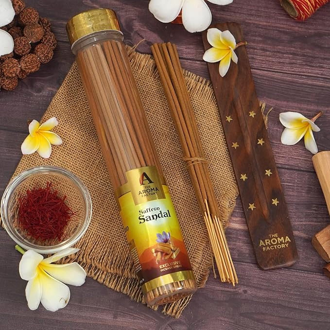 The Aroma Factory Kesar Chandan Agarbatti for Pooja, Luxury Incense Sticks, Low Smoke and Zero Charcoal, Meditation (Bottle Pack of 1, 100 Gram) 4 Cm X 4 Cm X 26 Cm Multicolour