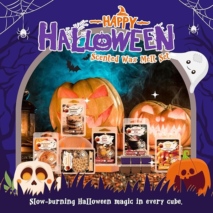 Halloween Scented Wax Melts, 8 Pack Soy Wax Cubes for Wax Warmer, Strong Fragrance Tarts - Candy Corn, Spice Cider, Cinnamon Sugar, Roasted Marshmallows and More, Candle Wax Melts Gift Set