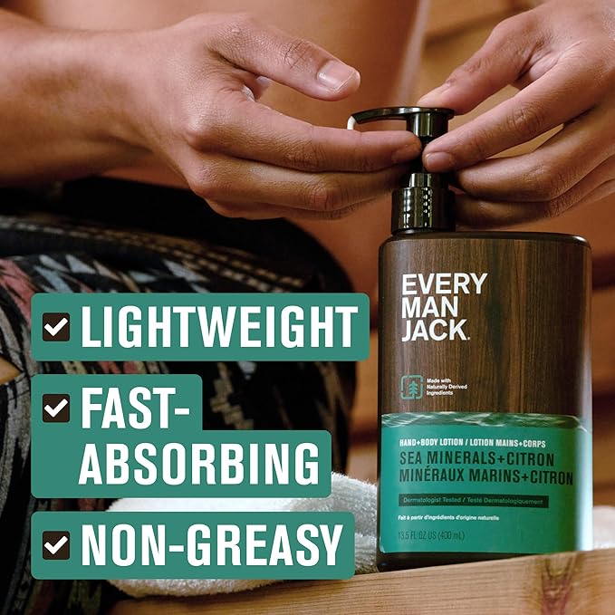 Every Man Jack Mens Sea Minerals + Citron Hand & Body Lotion for All Skin Types - Dermatologist Tested & Hypoallergenic - Nourish Skin with Lightweight Fast Absorbing Lotion - 13.5oz 2 Bottles