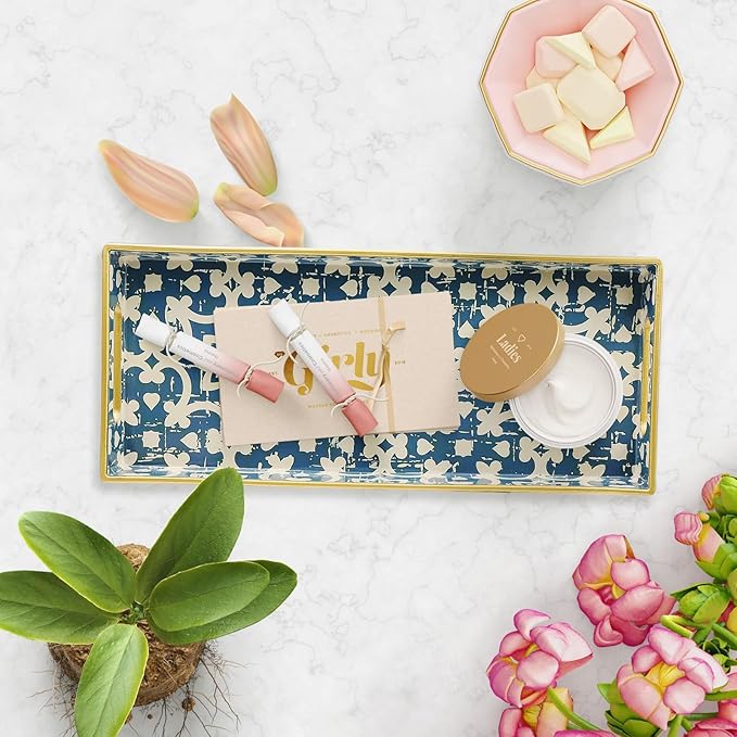 Bathroom Vanity Tray for Countertop, Small Plastic Toilet Tank Tray Versatile Storage & Organization Tray for Makeup, Perfume, Desk, Kitchen, Candles, 13.7"x6"x1.4", 35Boho1