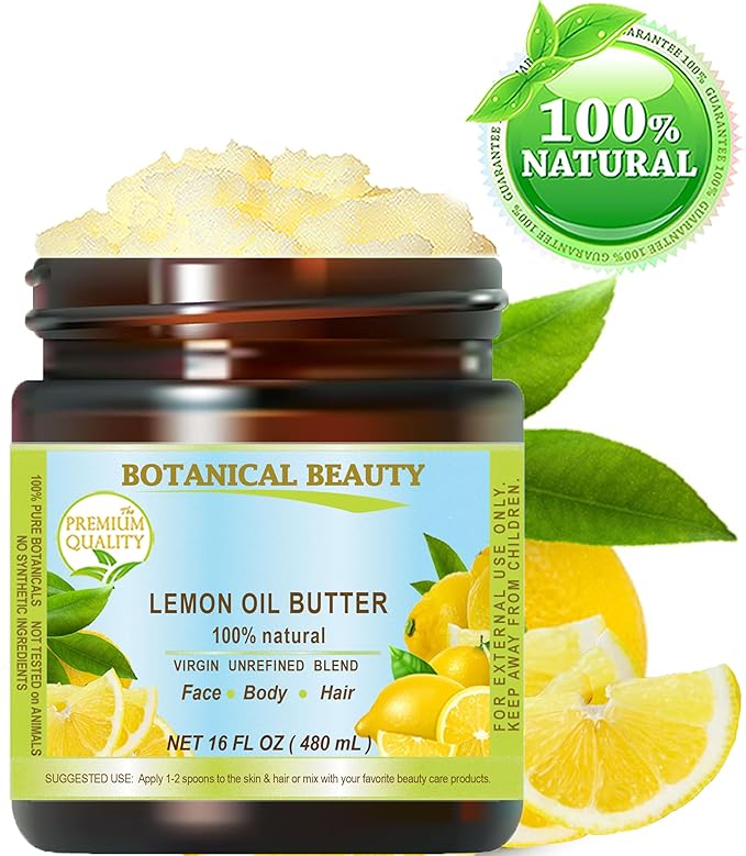 Botanical Beauty LEMON OIL BUTTER 100% Natural Pure VIRGIN UNREFINED RAW Cold Pressed. Lemon essential Oil, Shea Nut Butter Butyrospermum Parkii for Face, Skin, Body, Hair, Nails (16 Fl Oz)