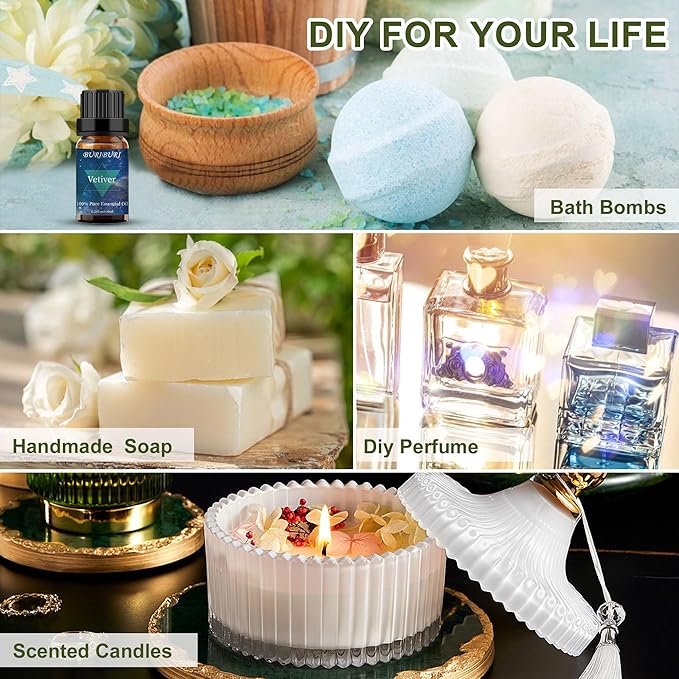 BURIBURI Vetiver Essential Oil Organic for Diffuser, Skin, Candle Soap Perfume Making - 100% Pure, Undiluted, Natural, Aromatherapy Vetiver Oils 10ML