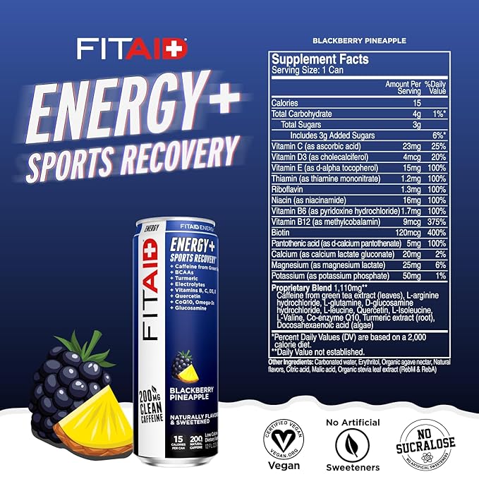 FITAID ENERGY, 200mg Natural Caffeine, Keto, Blackberry Pineapple, Omega-3s, 15 calories, Paleo, Vegan & Gluten-Free, No Artificial Sweeteners, 12-oz. cans (Pack of 12)