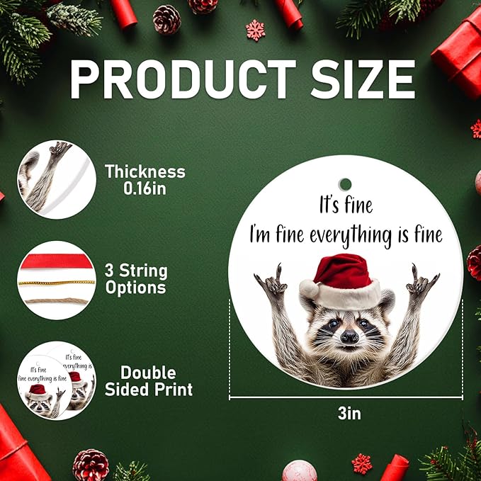 34HD Gifts for Christmas, Raccoon Christmas Ornament Ceramic 2-Side Printed, Gifts for Raccoon Lovers, Women, Men, Friends, Christmas Decorations