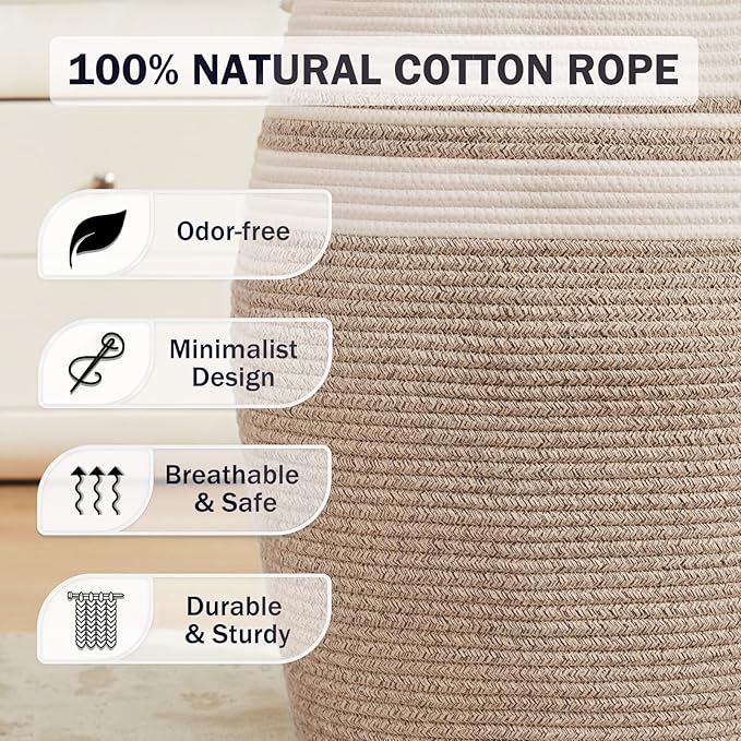 Fiona's magic 105L Extra Large Laundry Hamper Basket, Woven Tall Clothes Hamper for Storage Blanket, Toys and Dirty Cothes in Bedroom and Living Room Organizer, Brown & White