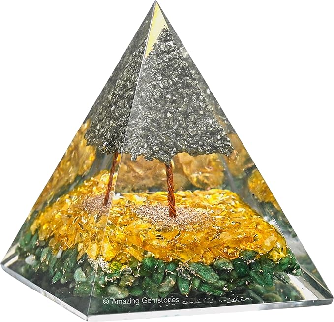 Amazing Gemstone Orgone Pyramid for Money with Pyrite Crystal Tree, Citrine and Green Aventurine Crystals and Healing Stones - Authentic Orgonite & Organite Gifts to Atrract Money Abundance Wealth