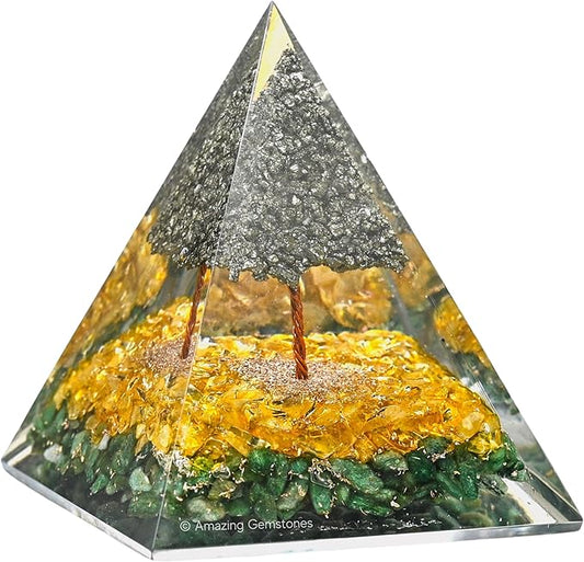 Amazing Gemstone Orgone Pyramid for Money with Pyrite Crystal Tree, Citrine and Green Aventurine Crystals and Healing Stones - Authentic Orgonite & Organite Gifts to Atrract Money Abundance Wealth