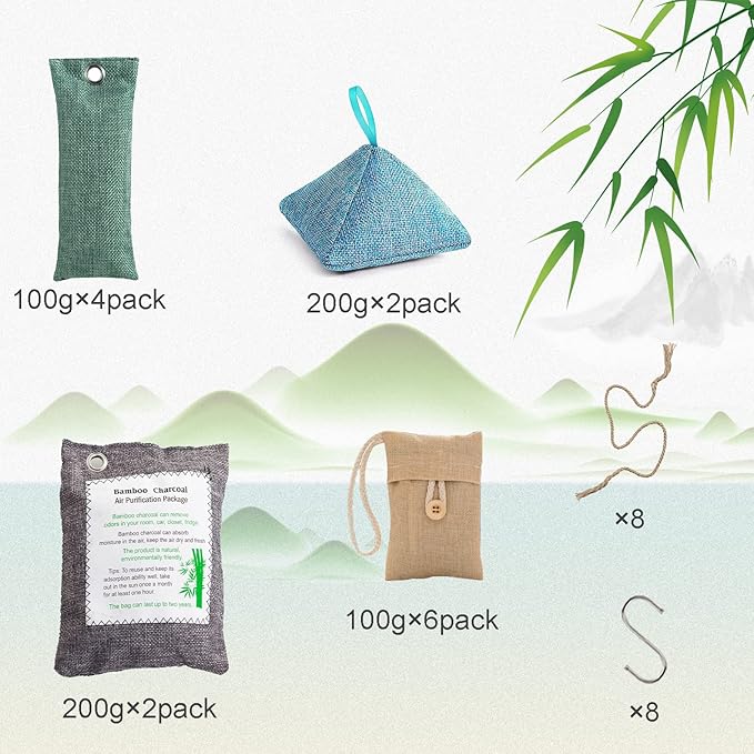 Charcoal Bags Odor Absorber (10x100g+4x200g) Activated Bamboo Charcoal Air Purifying Bags Charcoal Odor Eliminating Bags for Home & Car Shoes, Closet, Pet -14 PACK