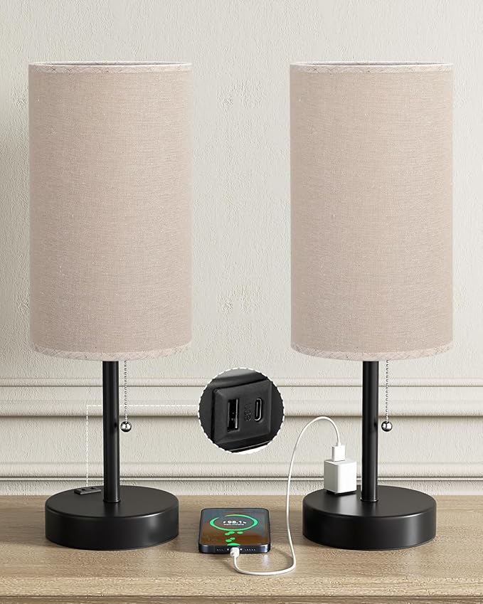 Fenmzee Plus Beige Bedside Table Lamps Set of 2-3 Color Temperatures Pull Chain Lamp with AC Outlet Charging Port, Two Round Night Stand Lamps for Bedroom Guest Room Office, Bed Side Light