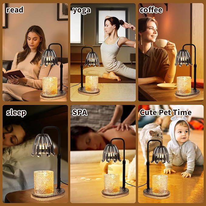 Candle Warmer Lamp with Timer: Adjustable Height and 4 Dimmer, Crystal Glass Base, Heater Wax Warmer for Jar Scented, Home Décor and Housewarming & Birthday Gift for Mom Woman, 2 Bulbs (Crown Grey)