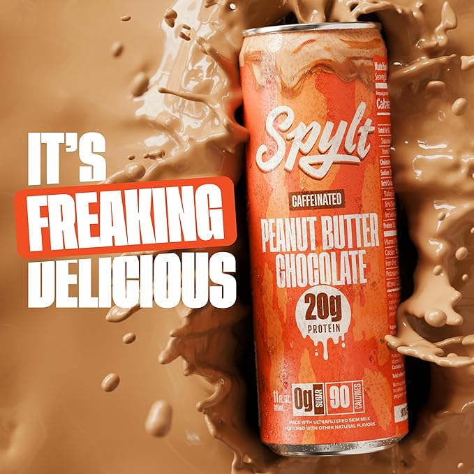 Spylt High Protein Peanut Butter Chocolate Milk with 60mg Caffeine & 20g Protein - 90 Calories, Ready to Drink, Sugar Free, Lactose Free Milk, Perfect for Workout Recovery & Afternoon Pick Me Up - 12 Count