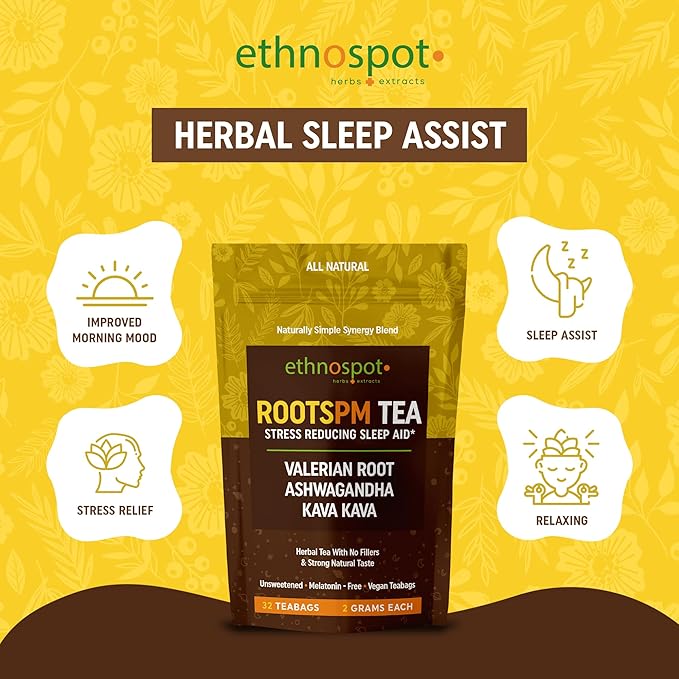 RootsPM Sleep Teabags - Herbal Blend of Valerian Root, Ashwagandha & Kava Kava, Natural Relaxation Tea for Restful Nights, Unsweetened & Vegan, 100% Natural Ingredients - 2 Gram Teabags - 32 Teabags