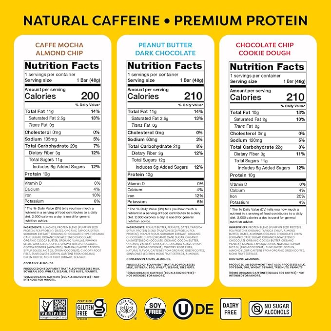 Quantum Energy Square - Peanut Butter Dark Chocolate, Chocolate Chip Cookie Dough, Caffe Mocha Almond Chip - Variety 12-Pack - 4 Bars Each