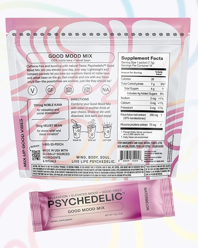 Good Mood Mix - Watermelon - Powder Packets - Calming Kava Drink Mix - Easy Open Single-Serving - Flavored Kava Powder - Mucuna Pruriens - Stevia - Non Alcoholic Adaptogen Mocktails - 14 Stick